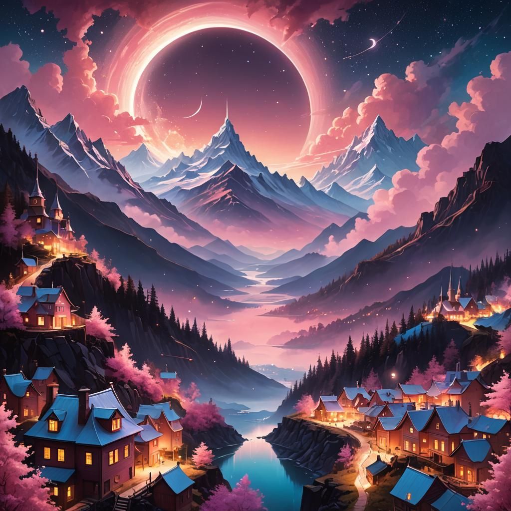 Fantasy Mountain Town Under a Starry Night Sky