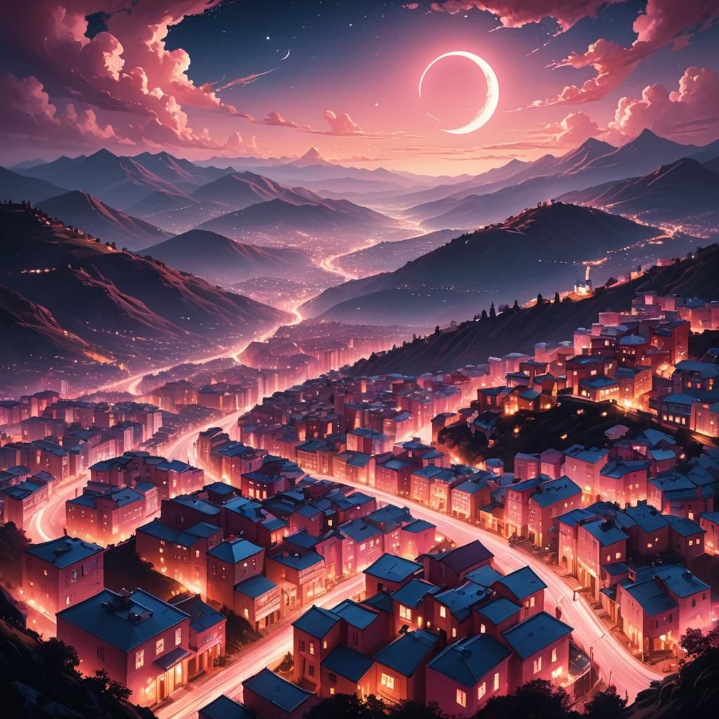 Dreamy Surreal City at Night Under Galaxy Stars