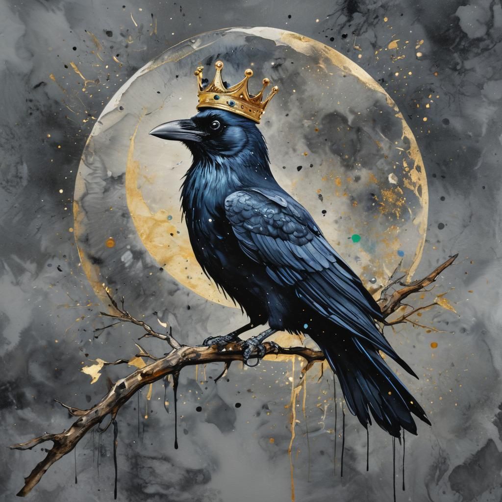 Crowned Raven with Moon in Alcohol-Ink Marbling