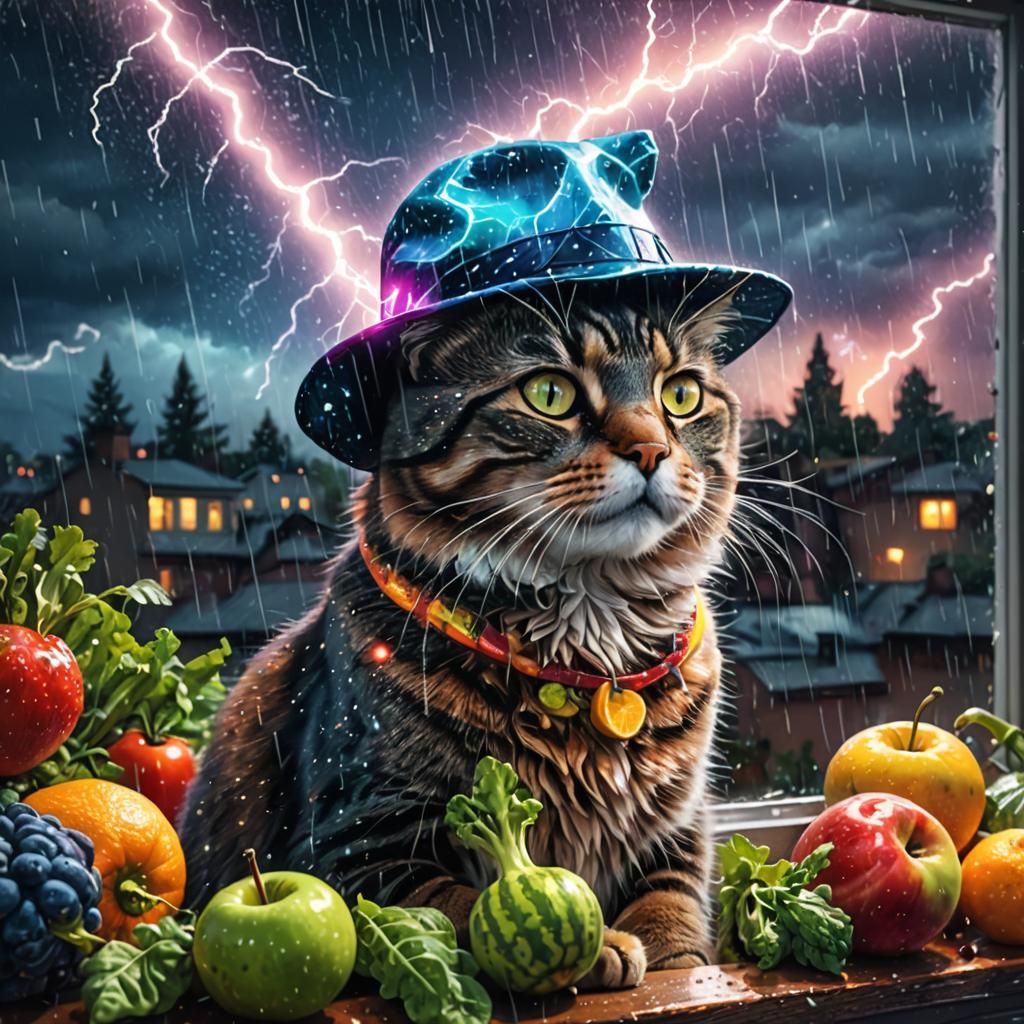 Cat in Window with Fruit Hat by Amaringo