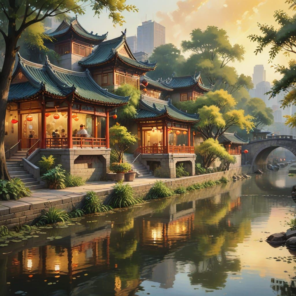 Impressionist Teahouse Riverfront Watercolor Painting