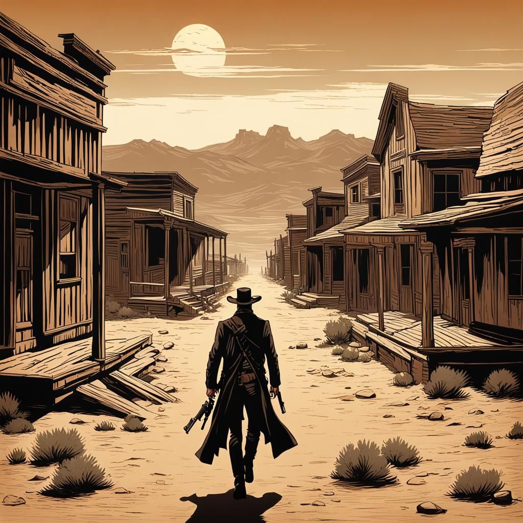 Gunslinger in Ghost Town, Southwestern Art Style