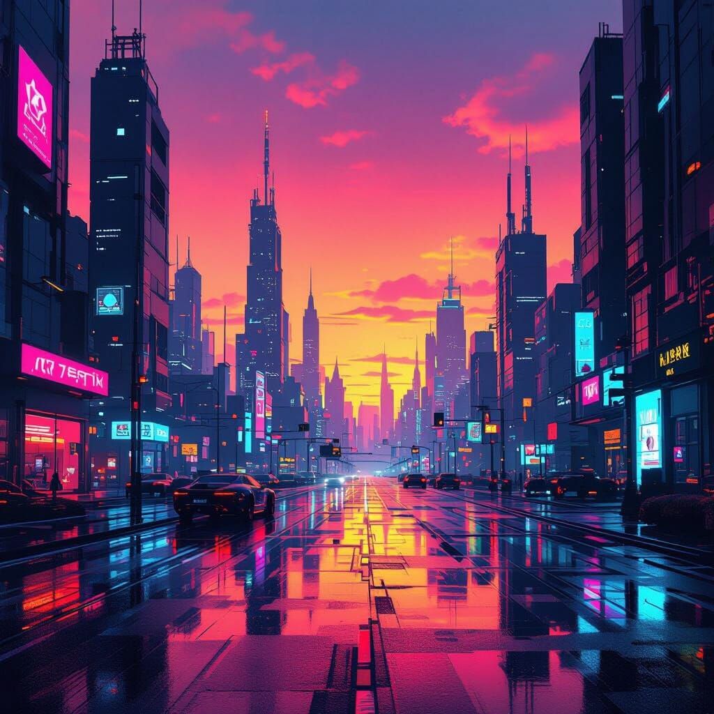 Cyberpunk Cityscape at Dusk in Vibrant Gradients