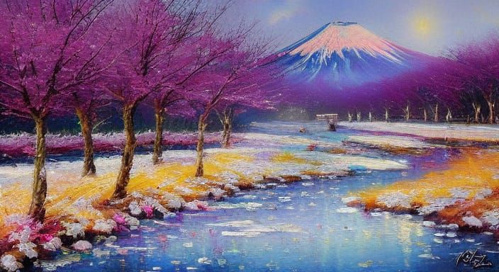 Vibrant Mount Fuji Blossoms in Dreamlike Oil Pastel Style