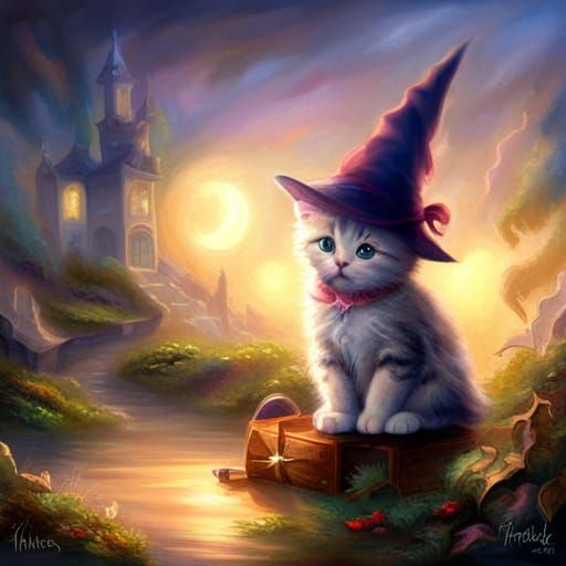 Whimsical Kitten Witch in Ethereal Fantasy Style