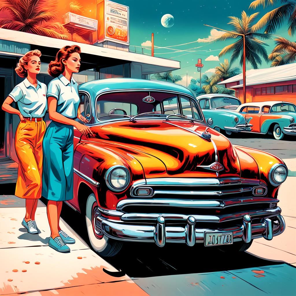 1950s Gas Station: Women Wash Sports Car