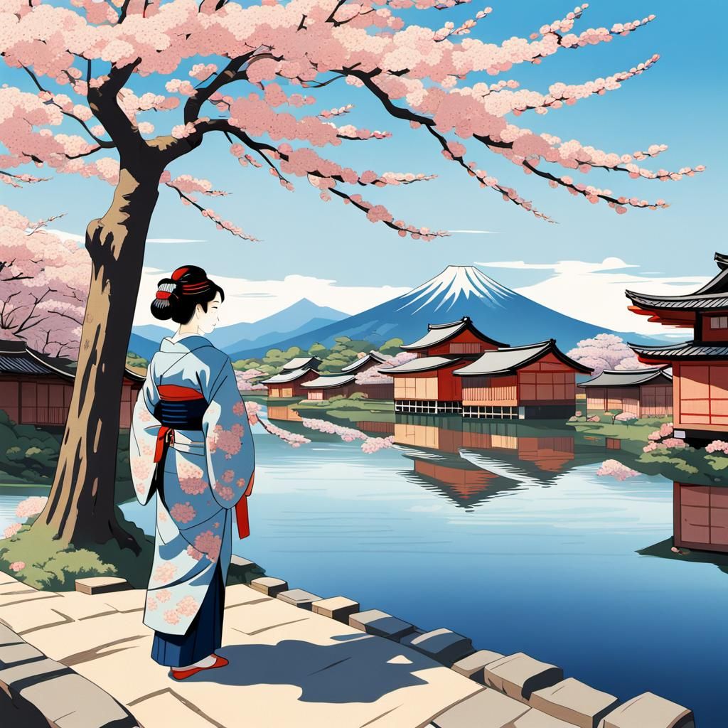 Edo Period Riverside Scene in Ukiyo-e Style