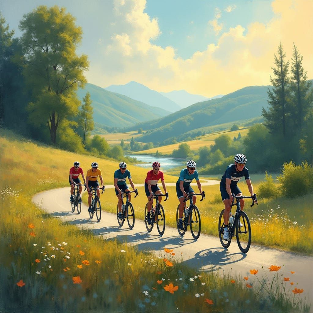 Vibrant Cyclists Ride Through a Serene Impressionist Valley