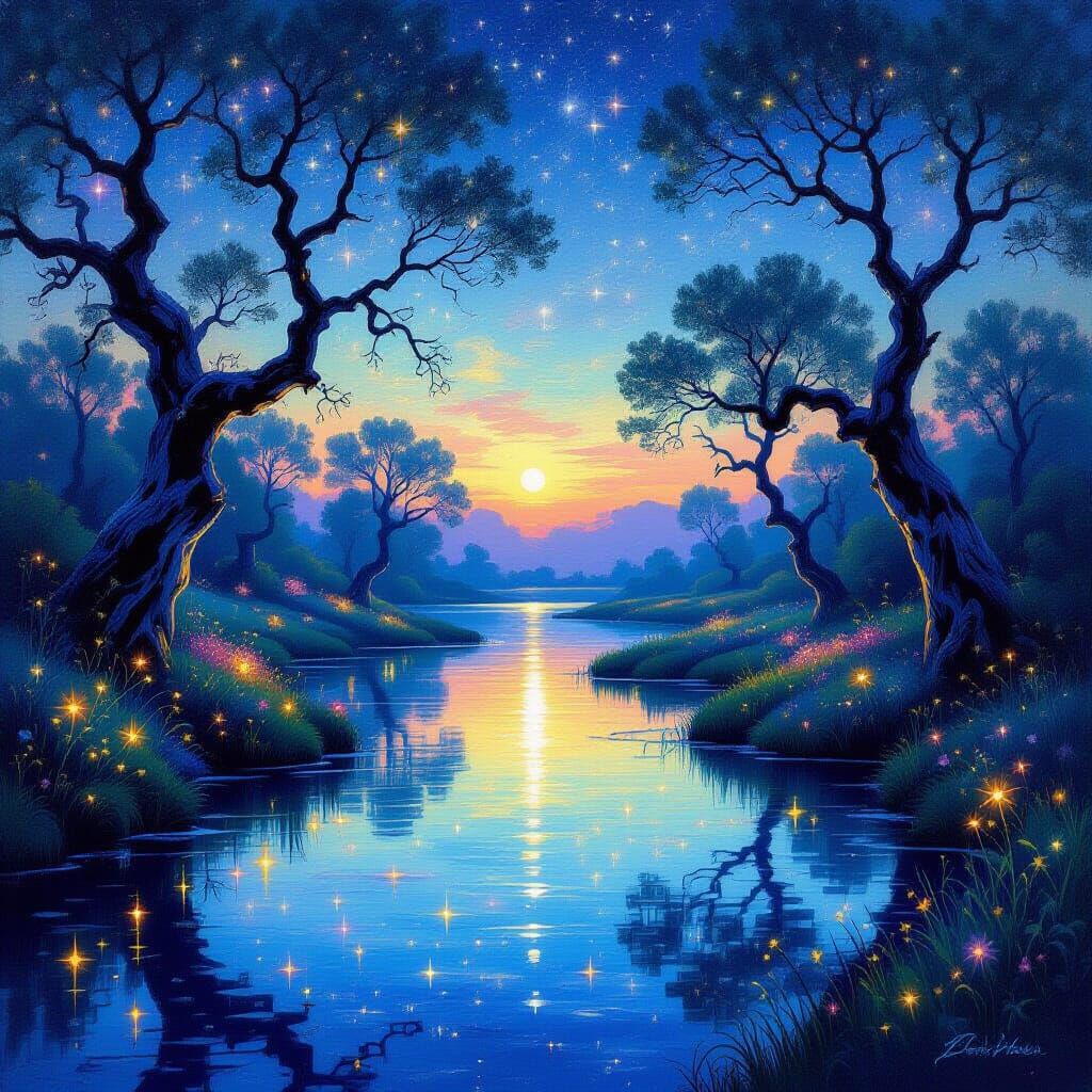 Ethereal Twilight Landscape with Glowing Flora