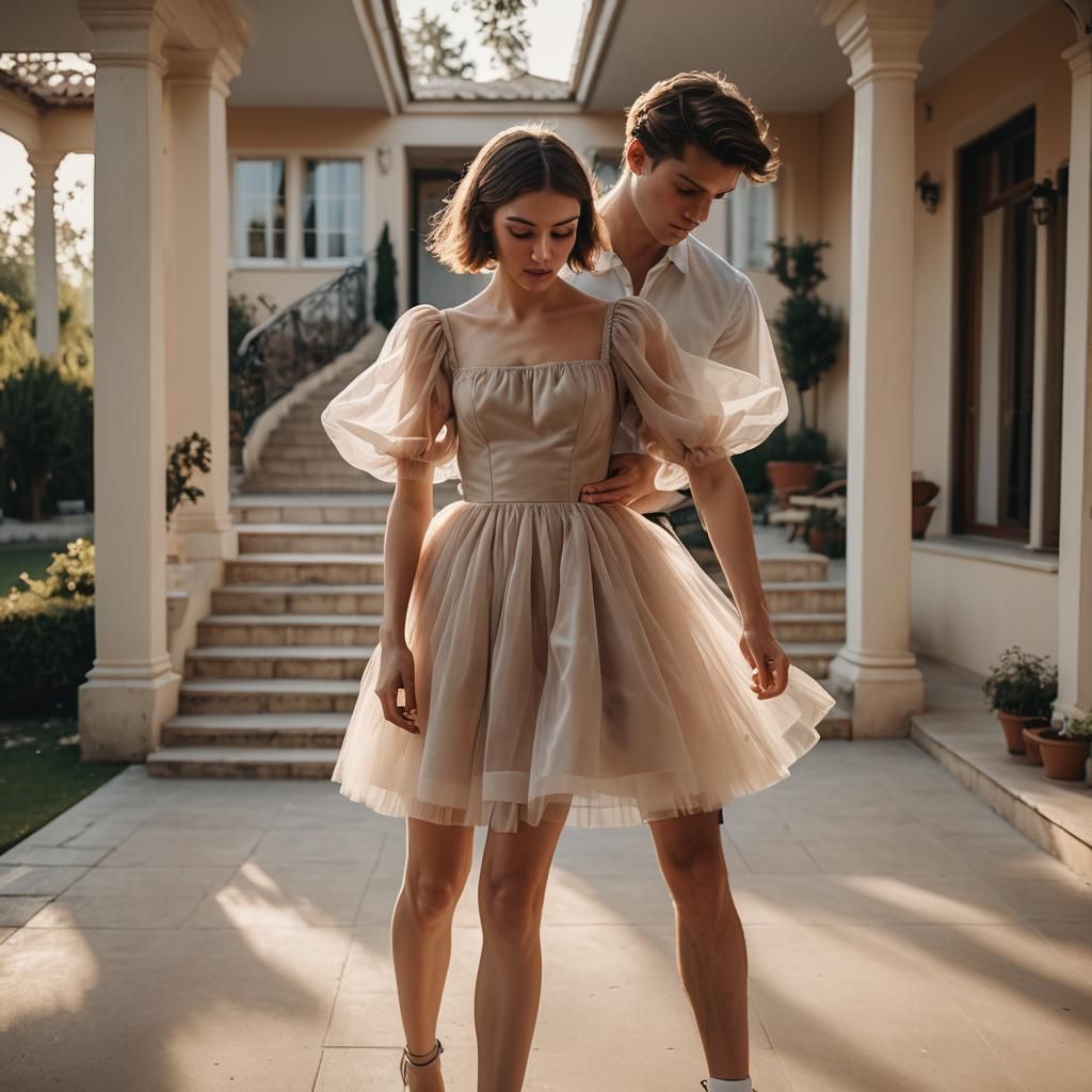 Boy in Tulle Dress with Girlfriend in Villa