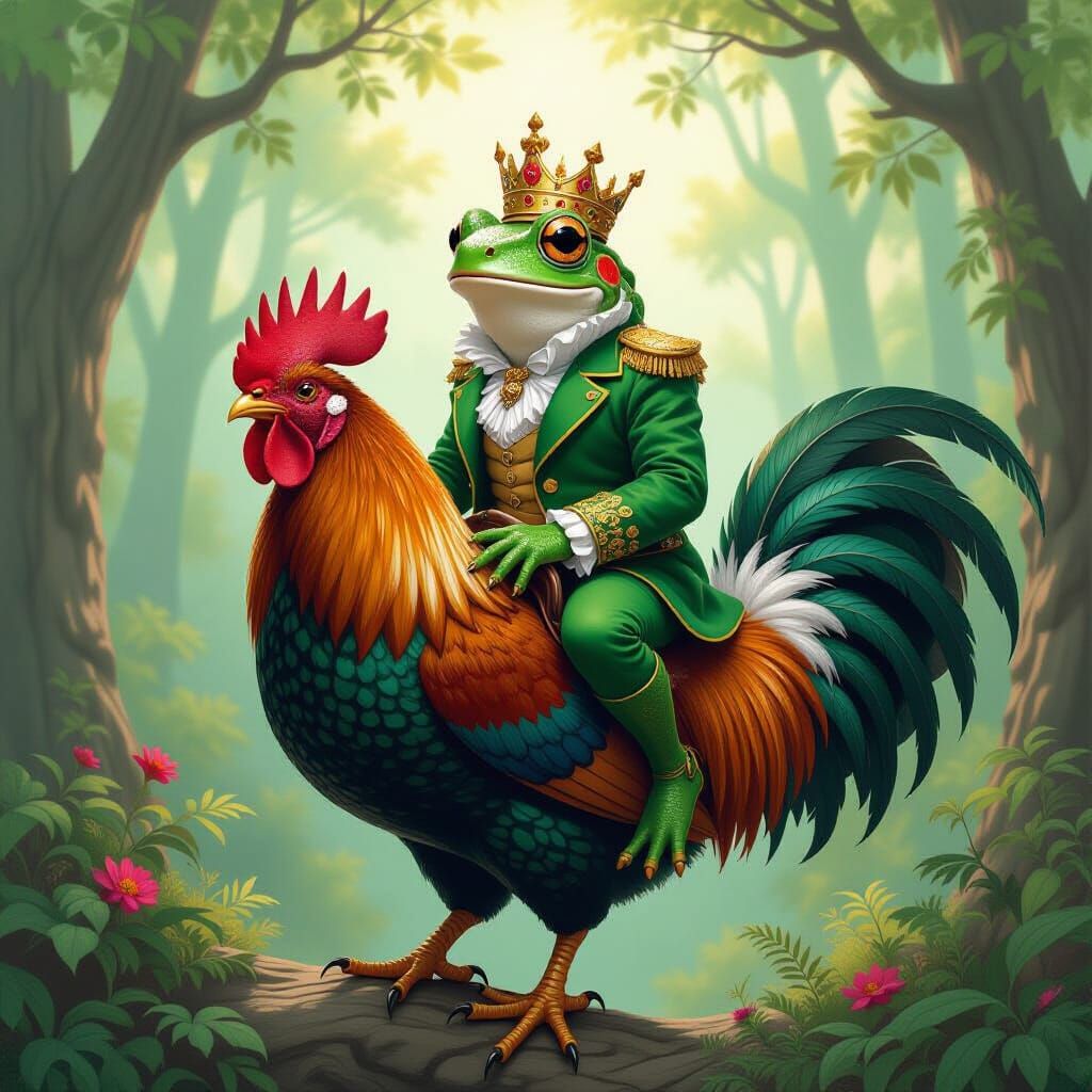 Frog King Rides a Rooster in Whimsical Forest