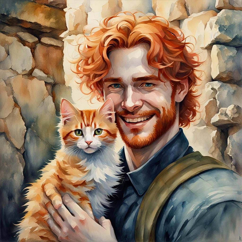 Red-Haired Man Holding Kitten: Watercolor Fantasy Art