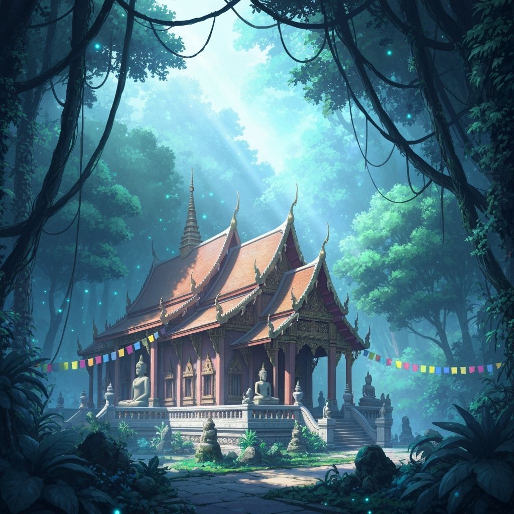 Anime-Style Thai Temple in Bioluminescent Jungle