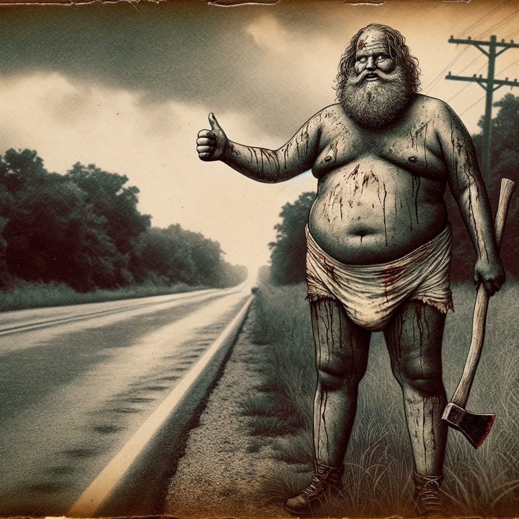Grimy Man Seeks Ride on Solitary Road in Cinematic Style