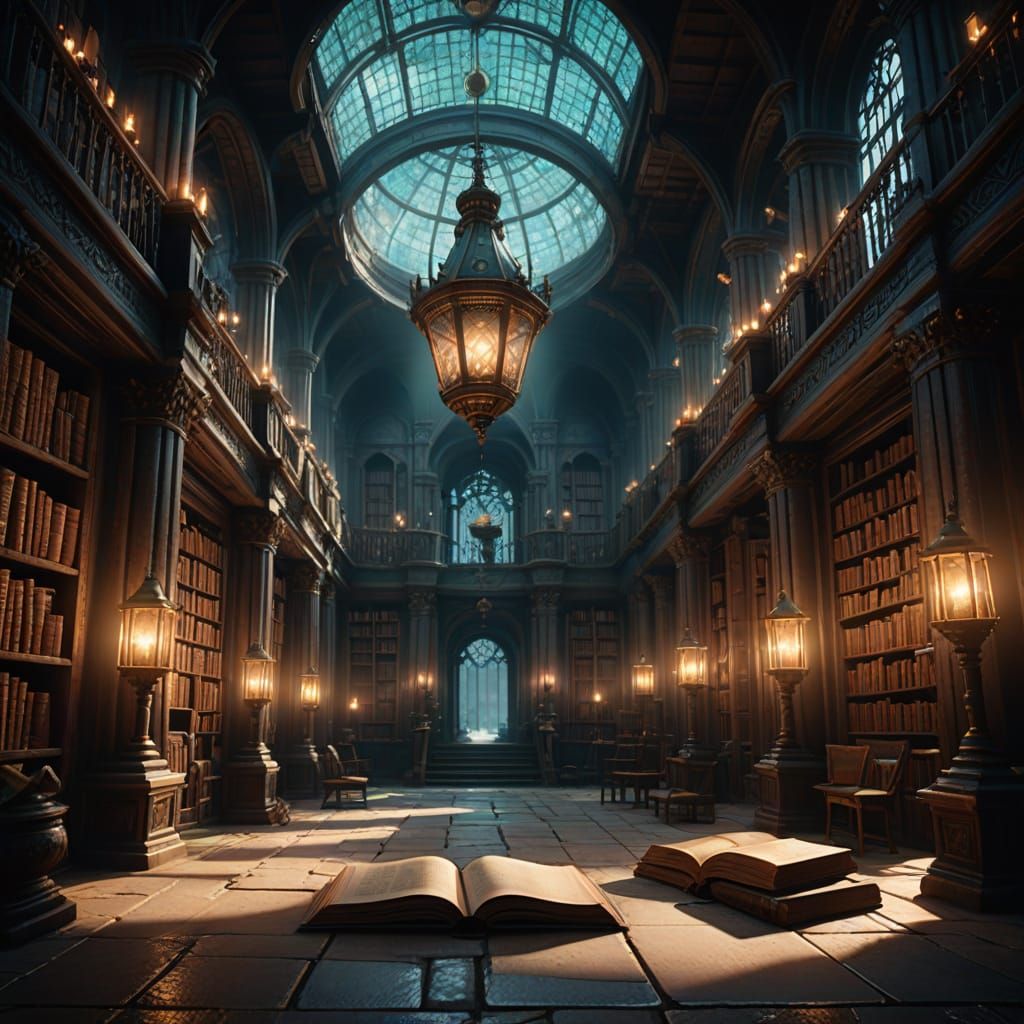 Enchanted Realm of Ancient Tomes and Glowing Orbs