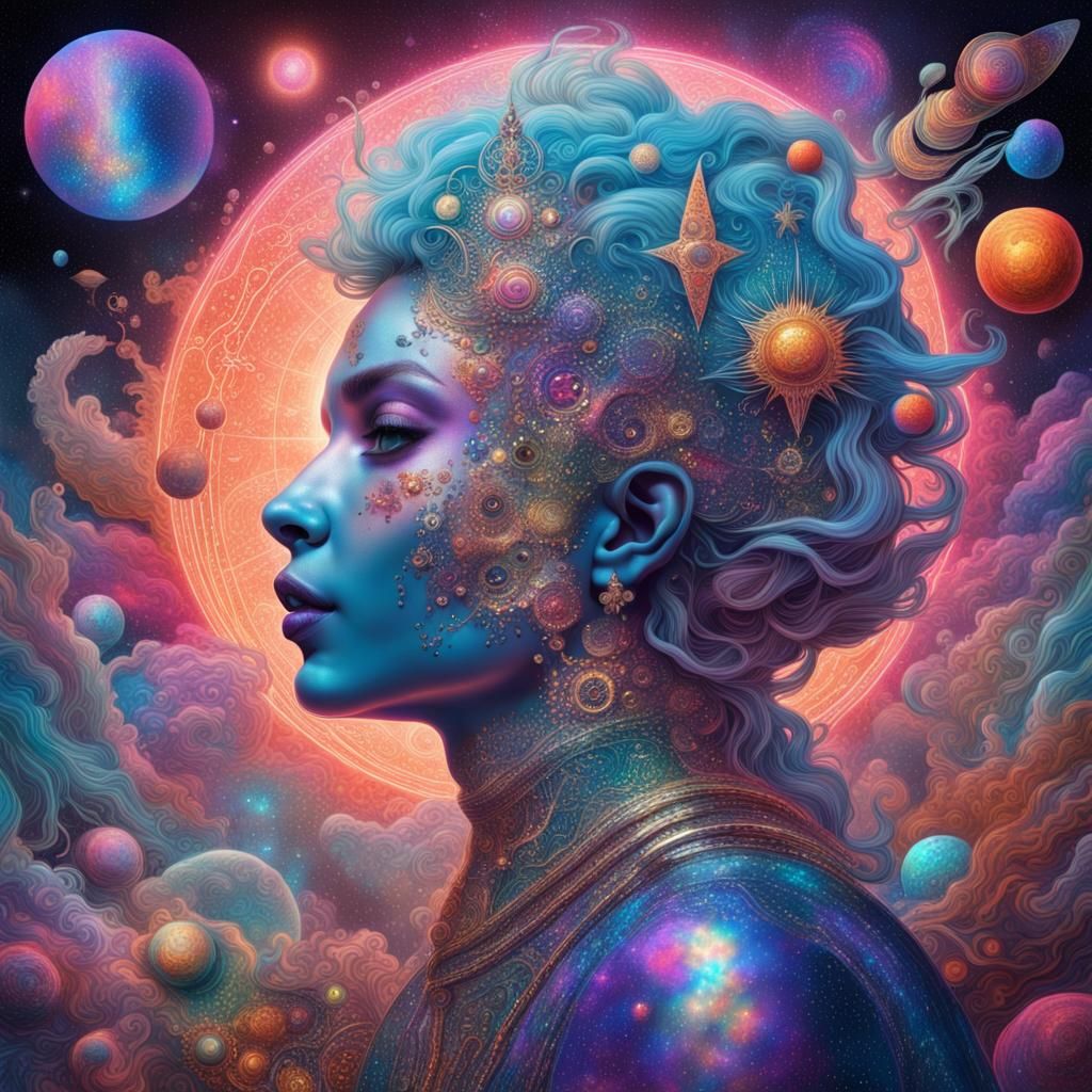 Holographic Cosmic Astral Illustration in Maximalist Style