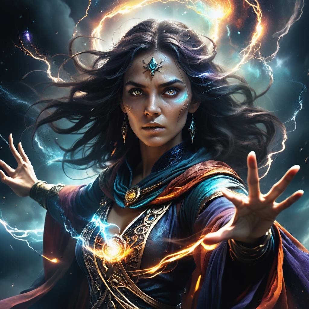 Powerful Sorceress in Cosmic Storm: Epic Fantasy Art