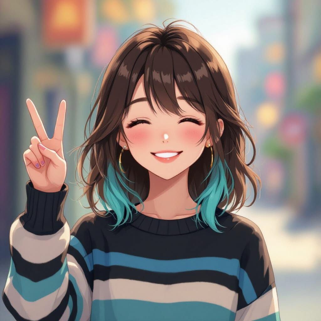 Joyful Anime Girl with Turquoise Hair Peace Sign