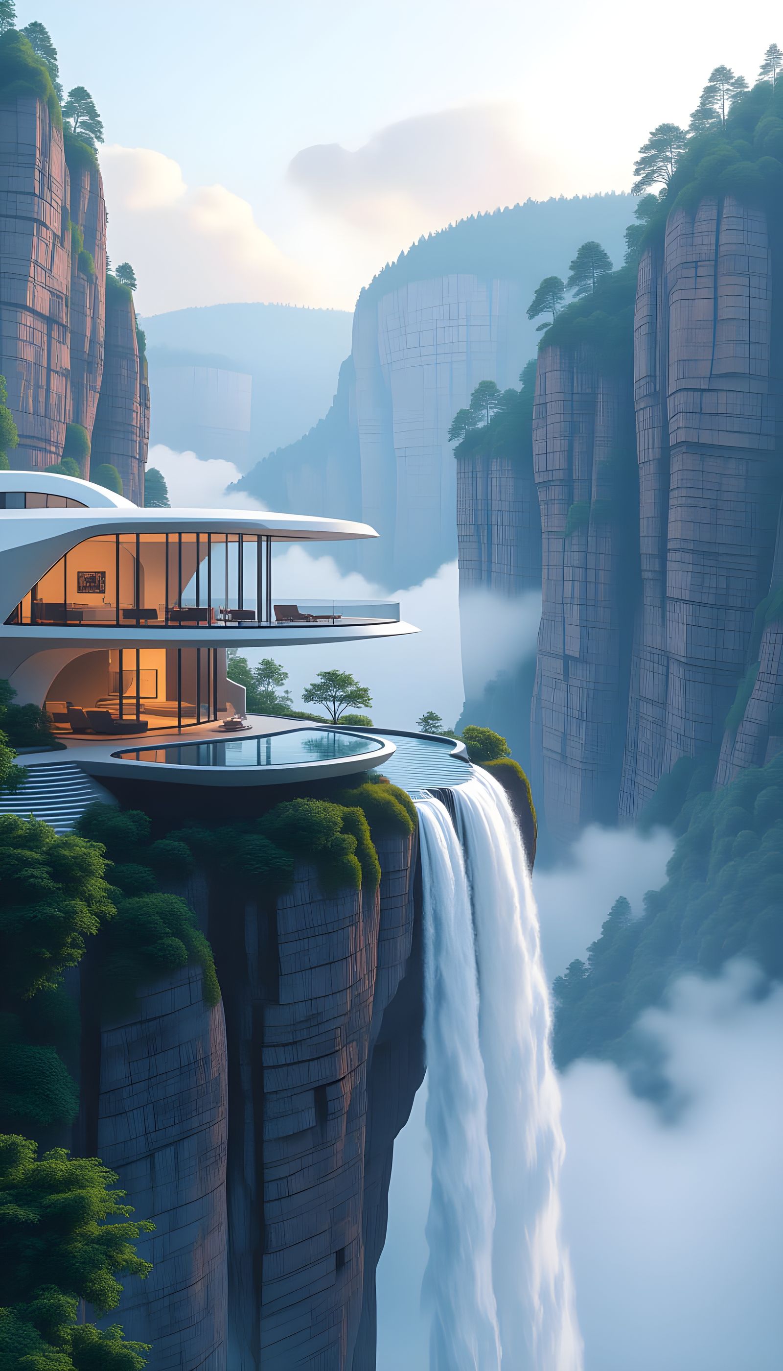 Cliffside House with Waterfall in Ethereal Style