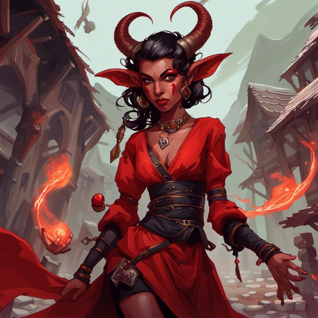 A dungeons and dragons female tiefling sorceress , small cur...