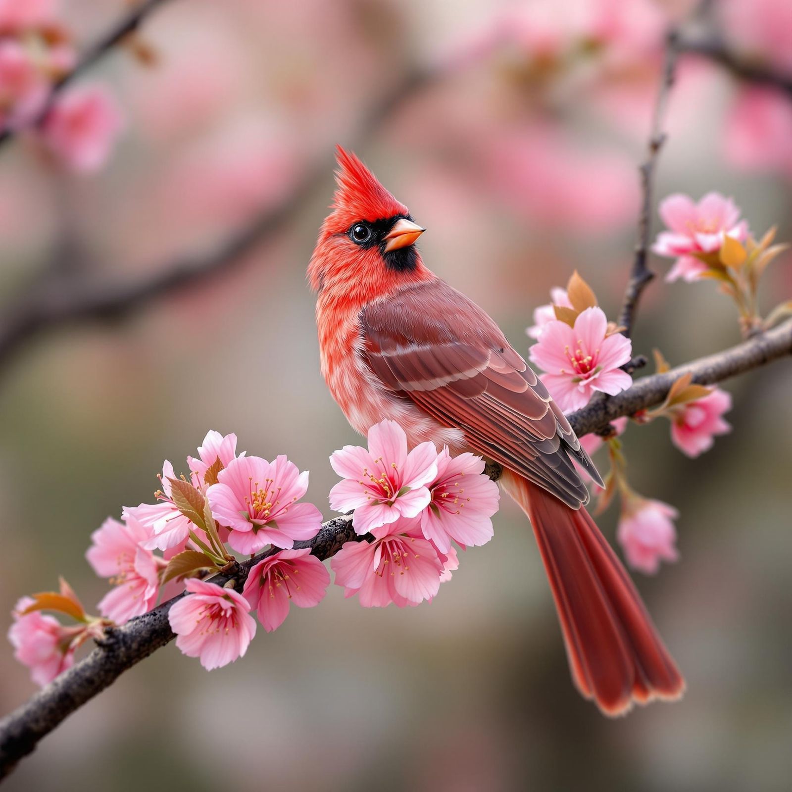 Hyperrealistic Red Bird on Cherry Branch Photo