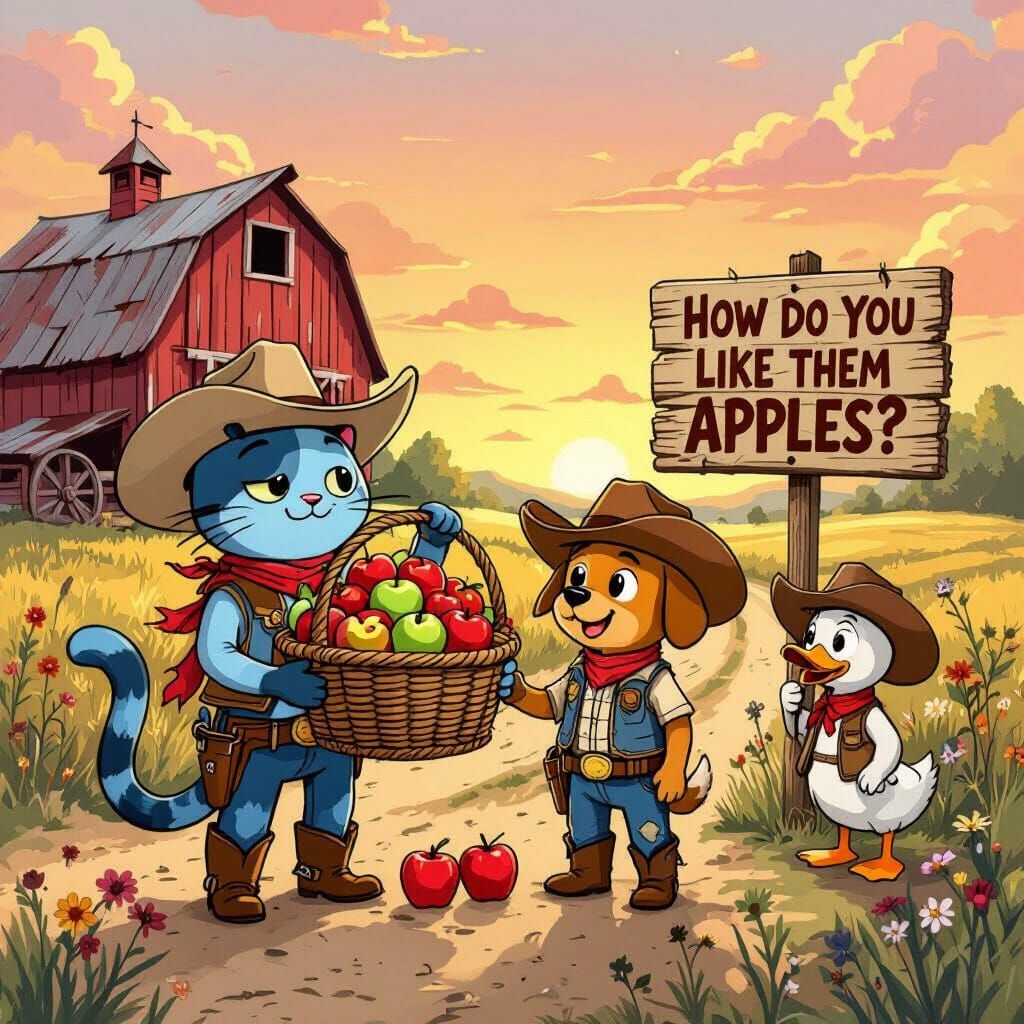 Cartoon Cowboy Animals With Apples at Sunset
