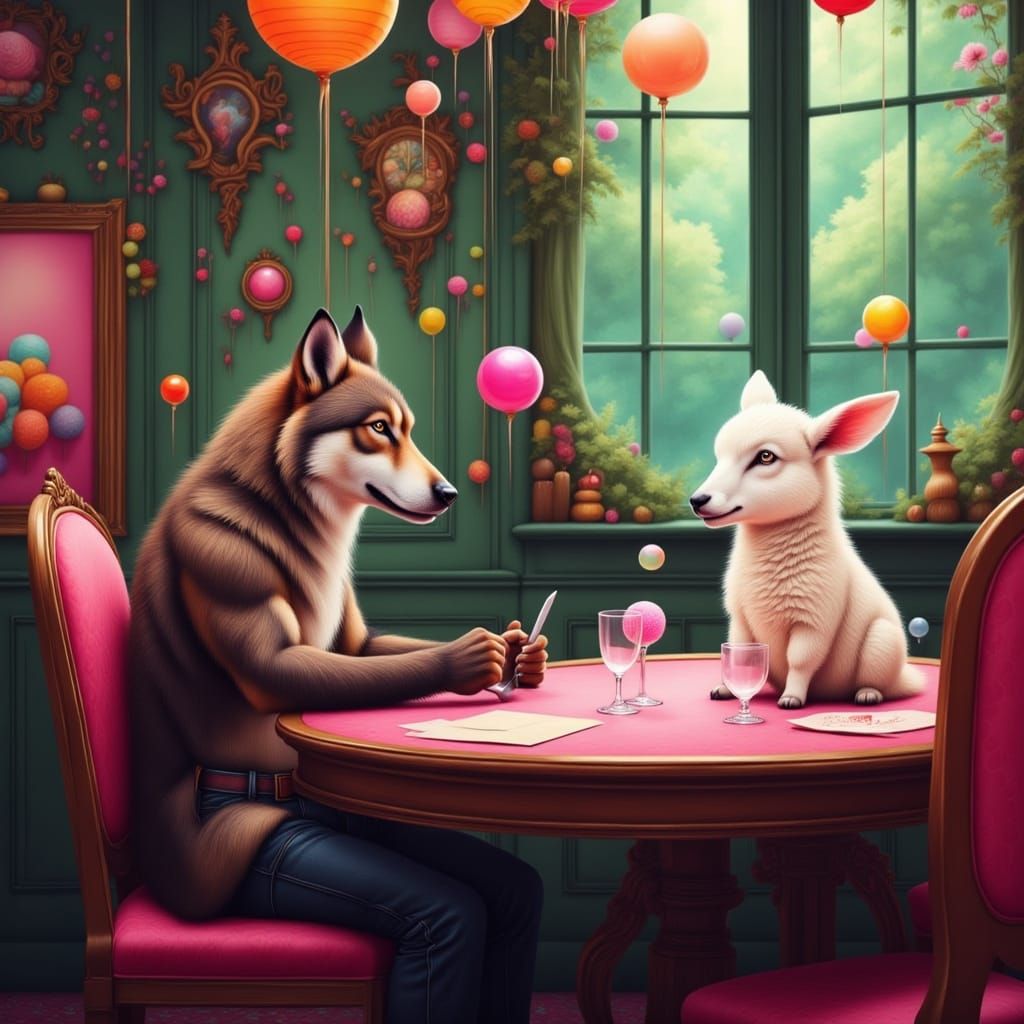 Cartoon Wolf and Nervous Lamb at Dinner