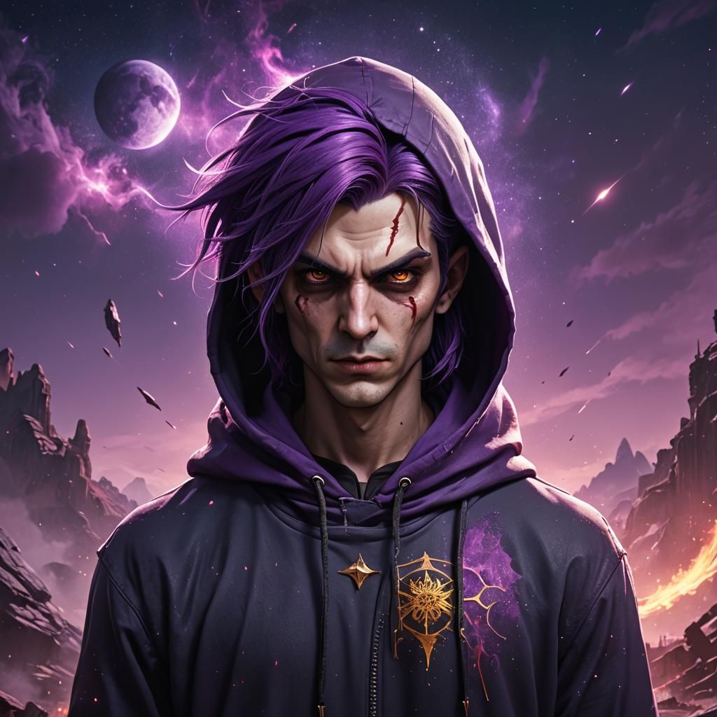 Purple-Haired Vampire with Comet Hoodie, Matte Painting