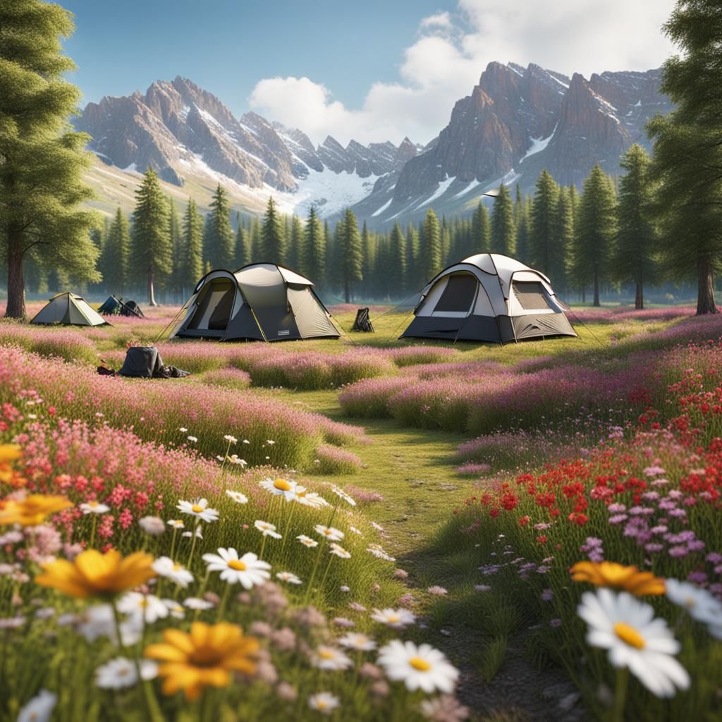 Hyperrealistic Camping in Flowered Field in 8K