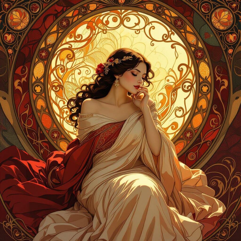 Sensual Woman in Silk, Art Nouveau Style