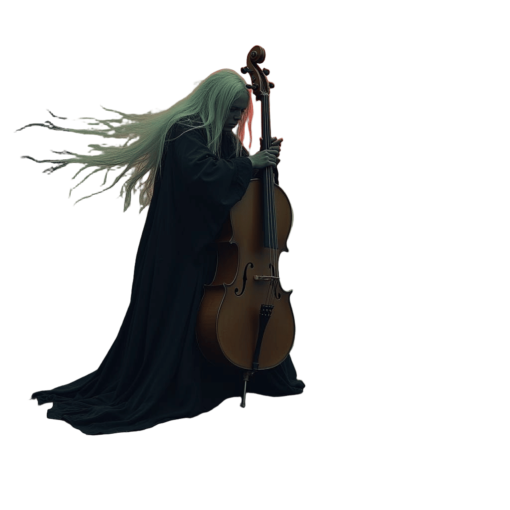 Electric Cello Player in Wasteland, Macabre Style