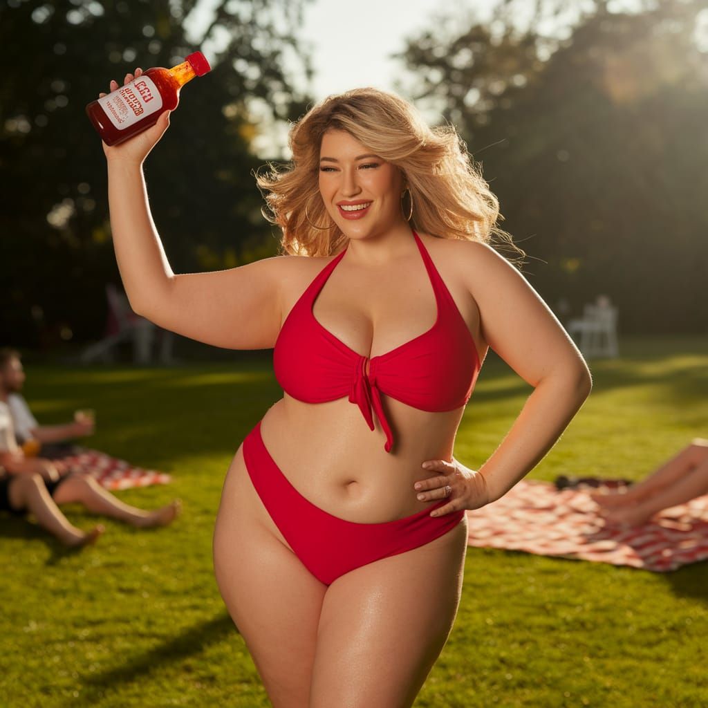 Woman in Red Bikini Holding BBQ Sauce Bottle