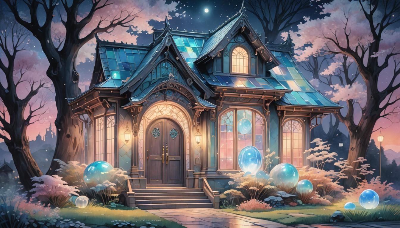 Glass House with Moonstone Door in Anime Style