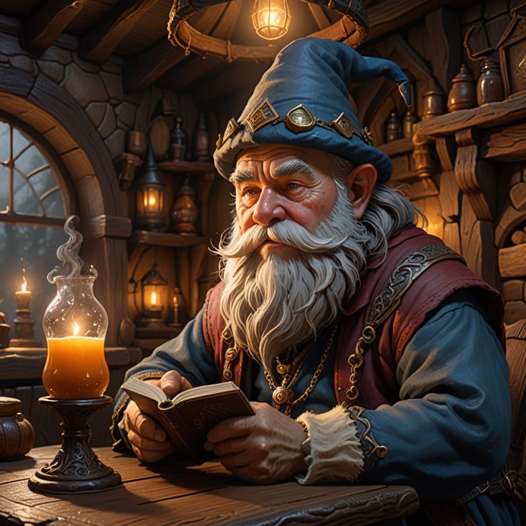 Gnome Reading a Spellbook in Cozy Tavern