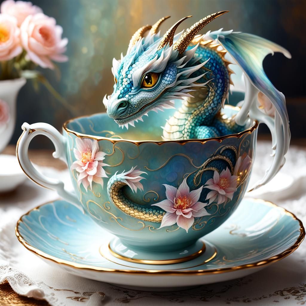 Dragon in Teacup: A Whimsical Jugendstil Fantasy