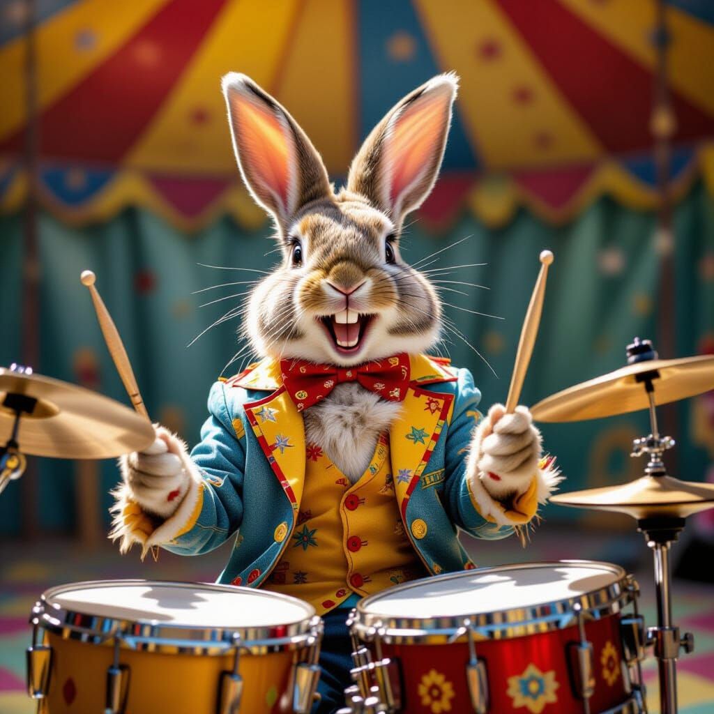 Joyful Bunny Percussionist in Bright Circus Photo