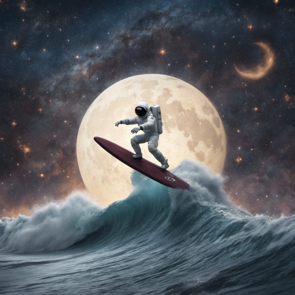 Astronaut Surfing on a Wave Under Starry Sky