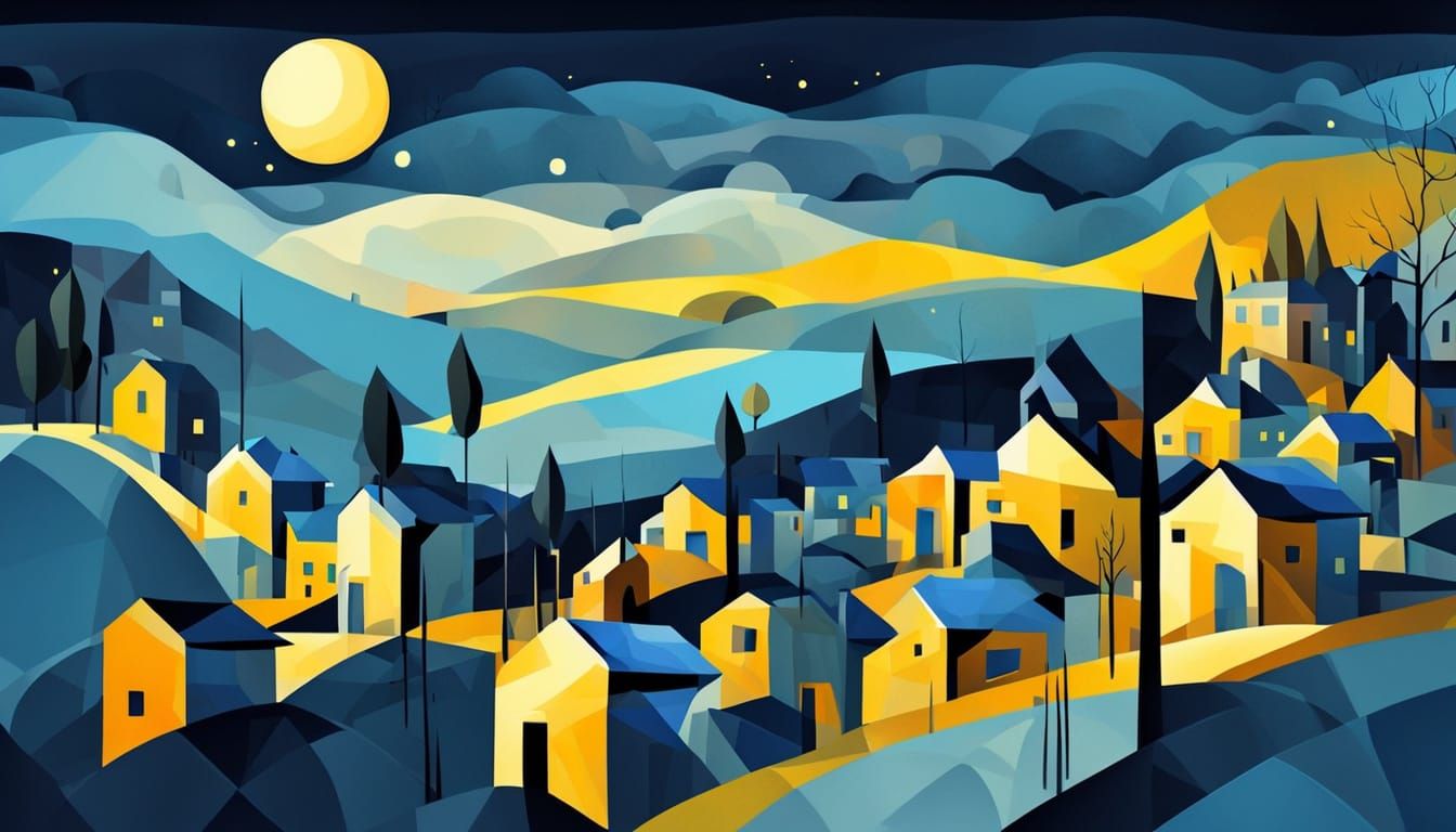 Cubist Village Nightscape in Abstract Expressionism Style