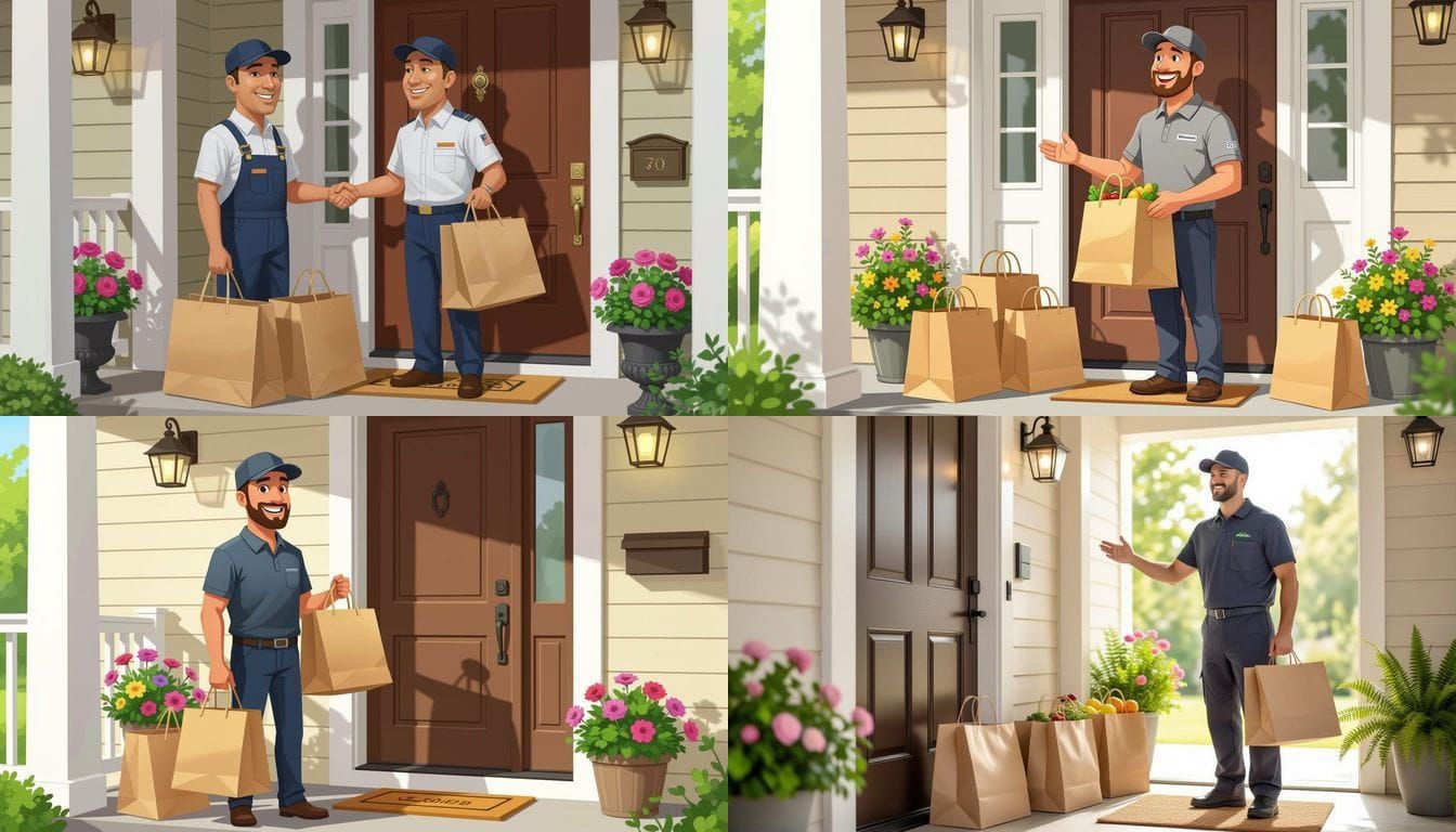 Delivery Person Rings Doorbell in Semi-Realistic Caricature