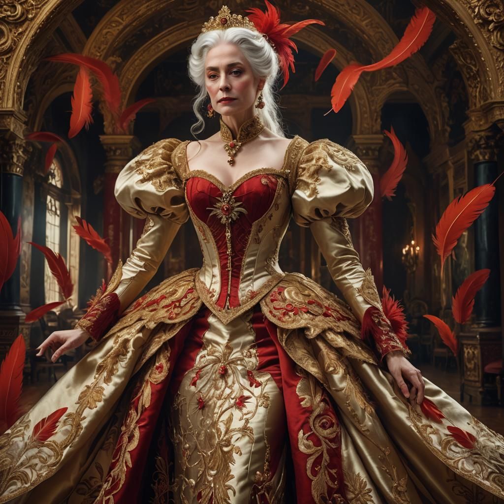 Victorian Woman in Golden Dress, Ornate Ballroom