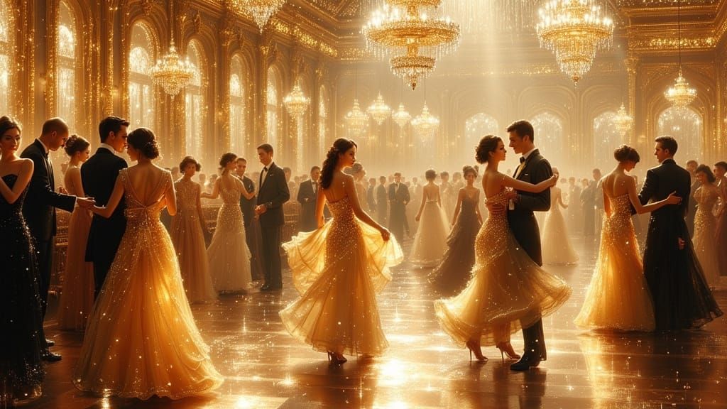 Elegant Couples Waltzing in Impressionistic Ballroom