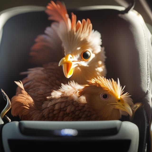 Adorable Baby Rooster in Car Seat, 3D Render