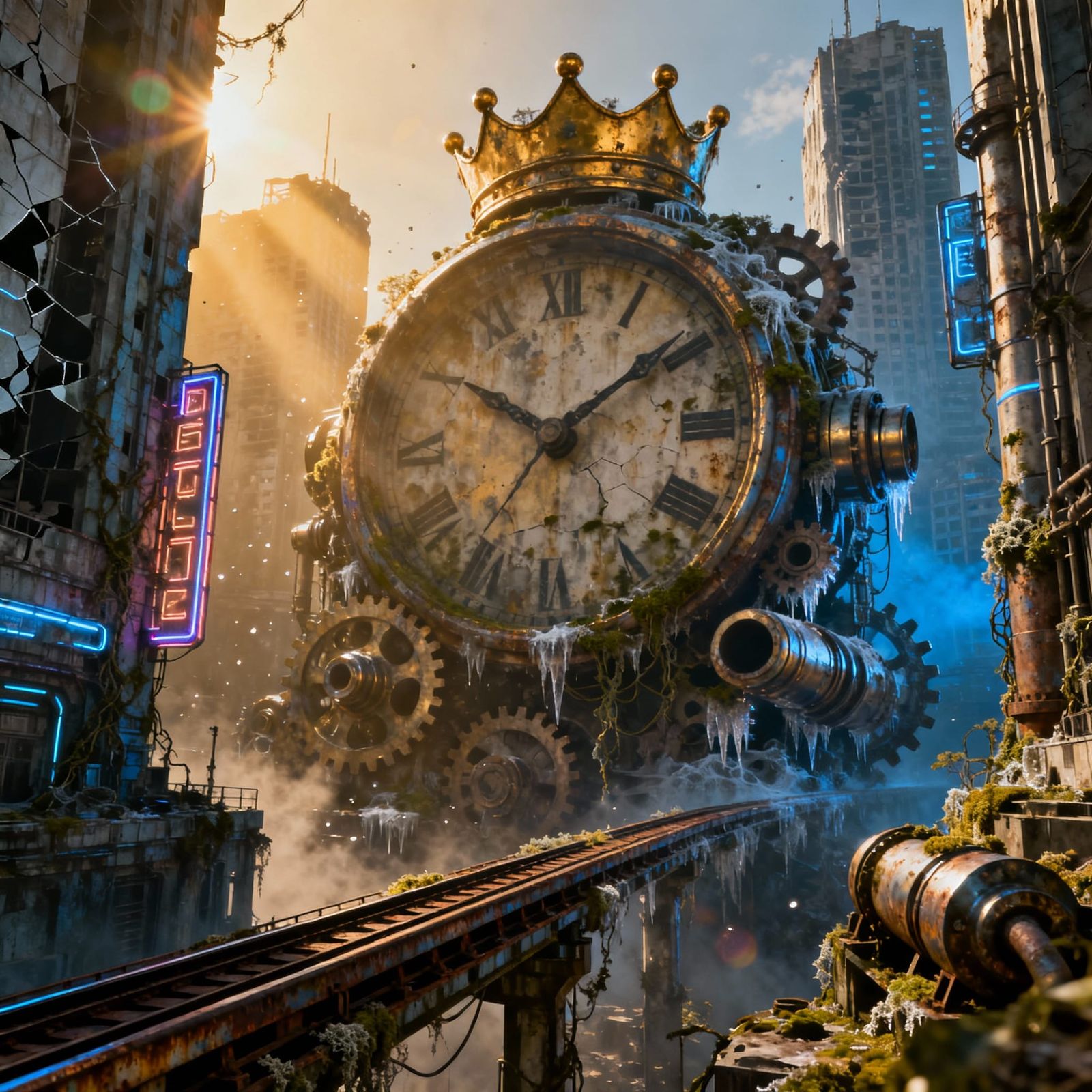 Colossal Clock Overlooking Abandoned Futuristic City