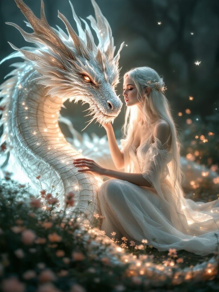 Enchanted Ethereal Woman with Dragon in Whimsical Fantasy La...