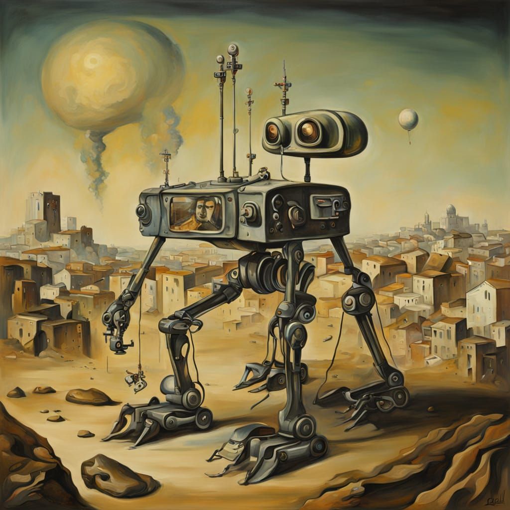 Surreal Robot Dwarves Carrying People in Cityscape