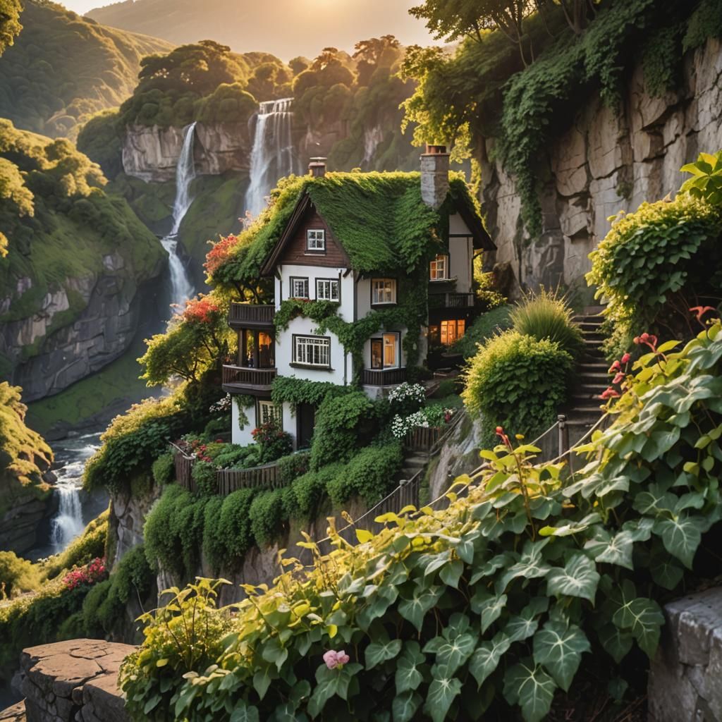 Idyllic Cliffside House at Sunset: Photography