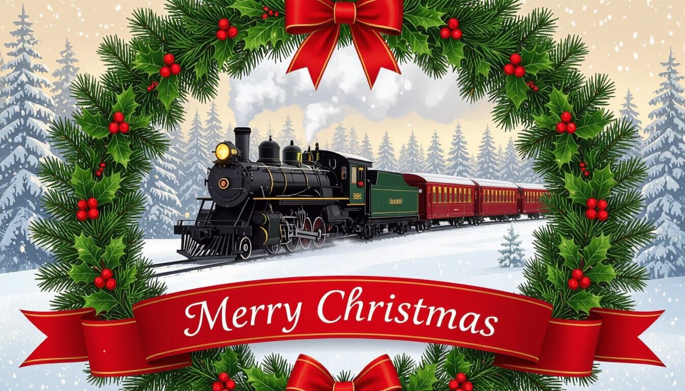 Christmas Train Scene with Wreath and Banner