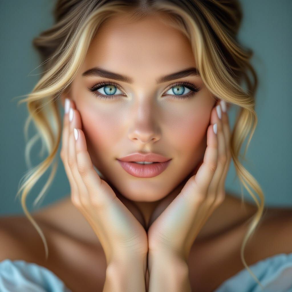 Beautiful Woman With Blue Eyes and Heart Hands Portrait