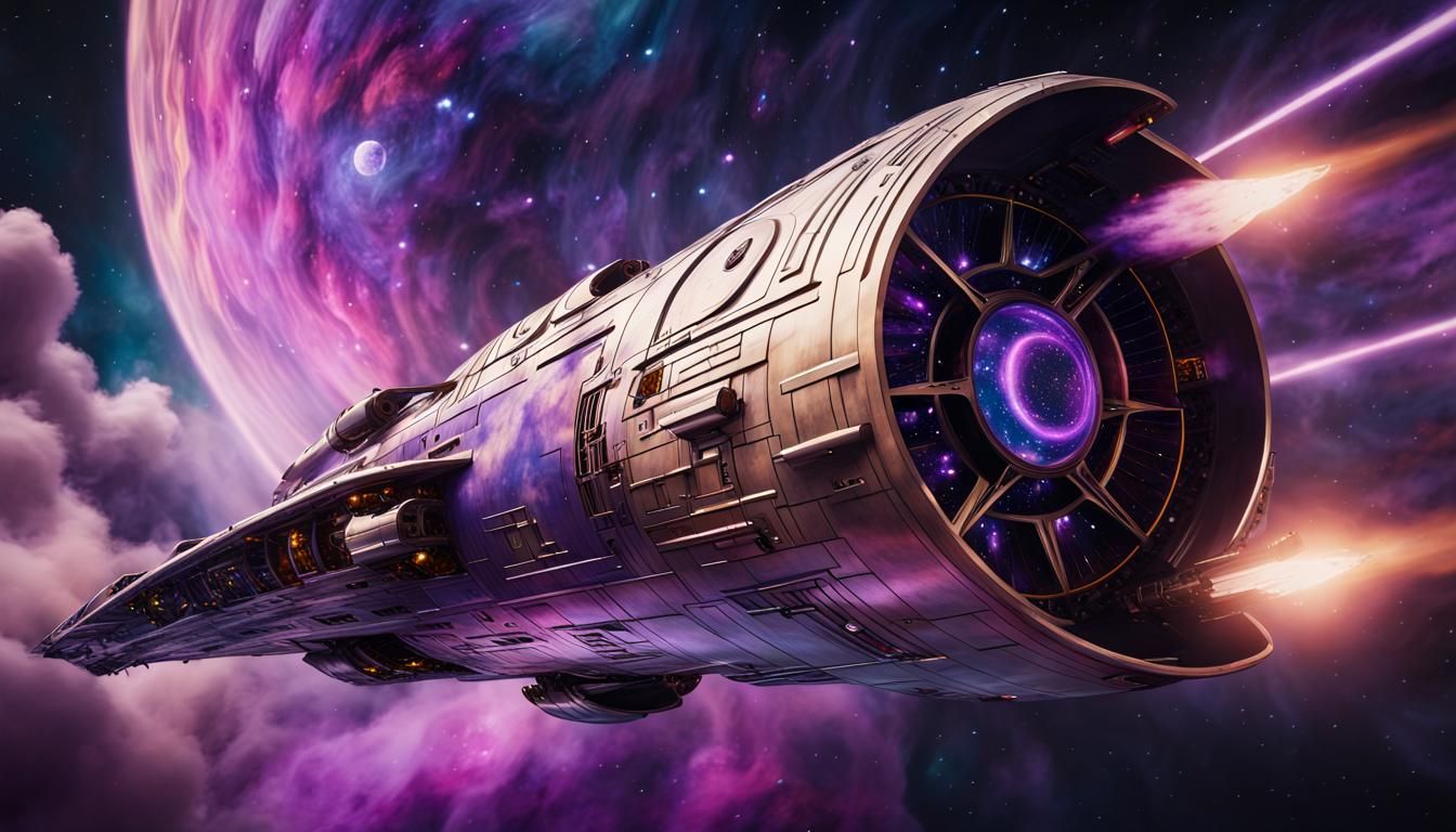 Star Cruiser Soaring Through Nebula in Art Nouveau Style