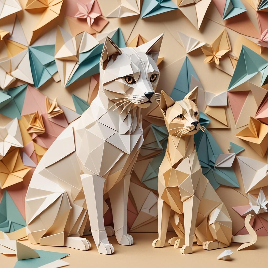 Whimsical Papercraft Cat and Dog Illustration